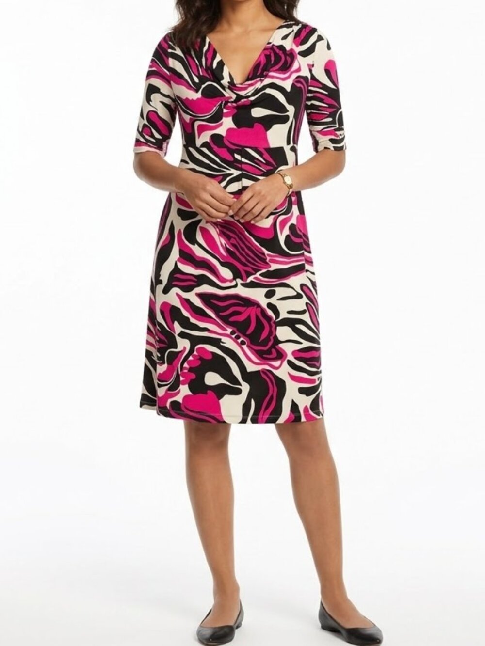 INC Stretch Cowl Neck Short Sleeve Retro Print Dress- Sz. Sm
